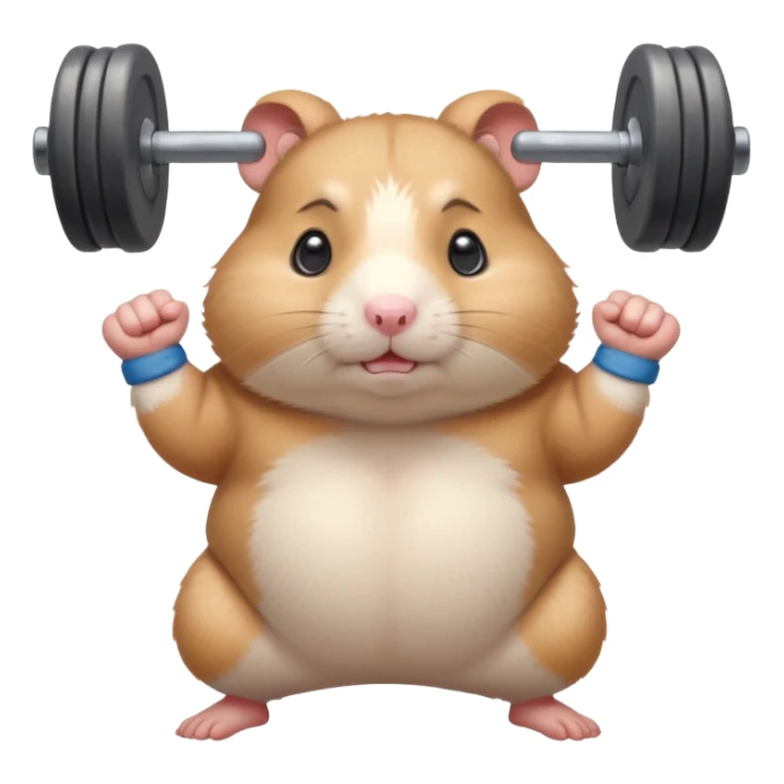 Cute cartoon-style chubby hamster standing upright, wearing a tiny sweatband, lifting oversized dumbbells with determined expression. Soft painterly shading, expressive eyes, white background, sticker-style illustration sticker