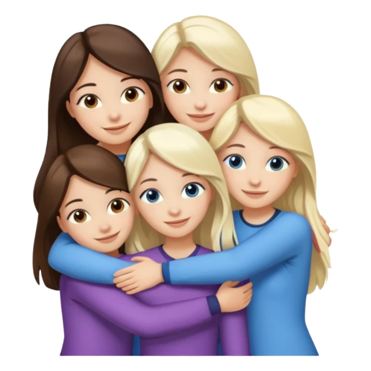 four white girlfriends hugging and smiling    2 girls with brown eyes and long dark brown hair. Two girls with blue eyes and light blonde hair sticker