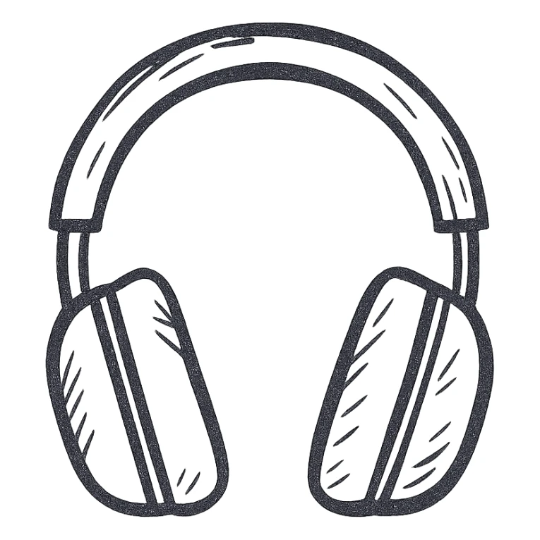 Studio headphones, white fill, side view, hand drawn style, black outlines sticker