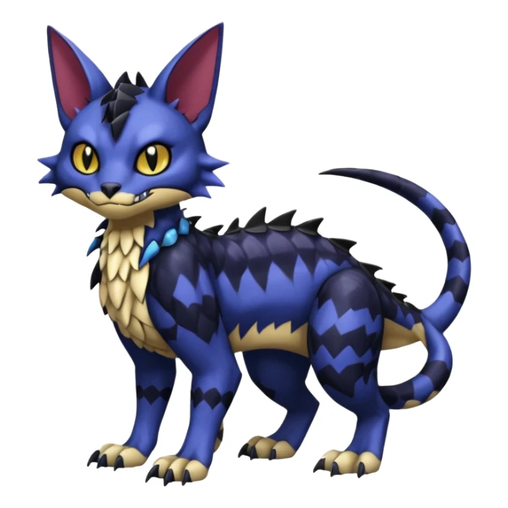 midnight blue-gray-black, scaley scaly batty feline-like quadrupedal digitigrade furry feral Bastet-Noibat-Gatomon-Garchomp-Digimon-Fakémon-Pokémon-creature (full body) sticker