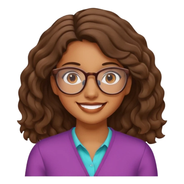 brown girl with wavy  shoulder length hair. glasses, sticker