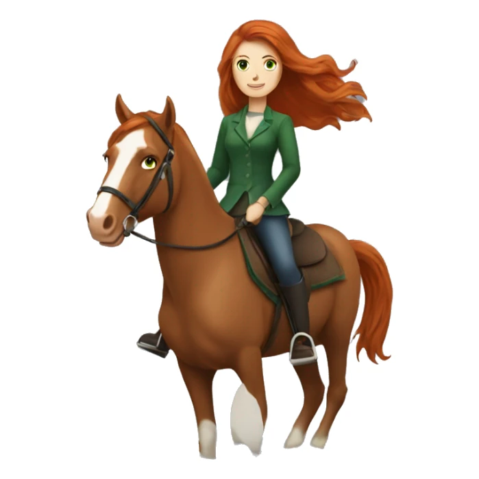 long-haired redhead woman with green eyes, on a horse back riding sticker