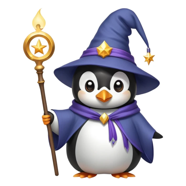 penguin wearing a wizard hat and robe holding a magic wand sticker