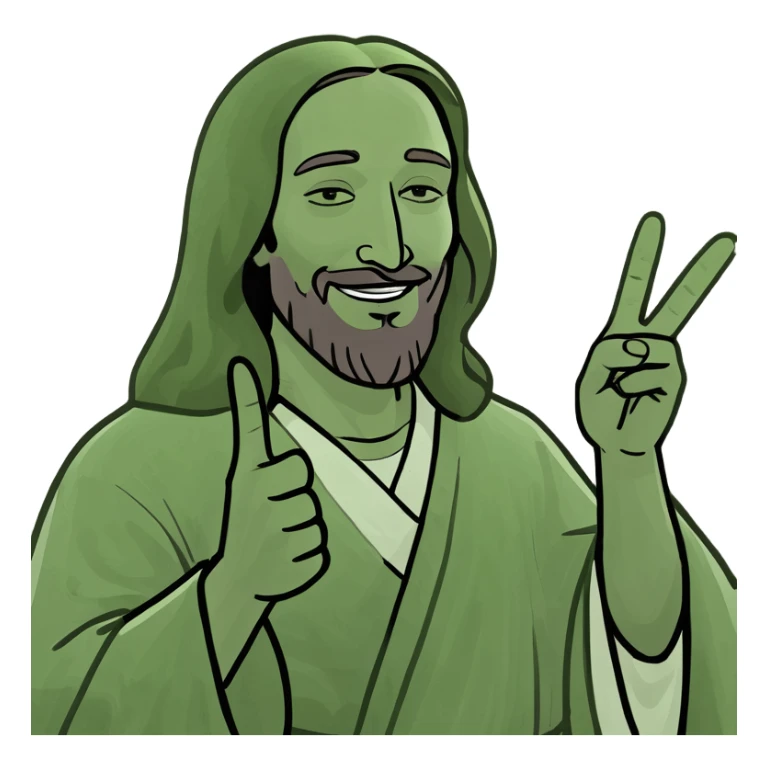 Jesus making a peace sign, meme style, friendly, humorous, social media meme sticker