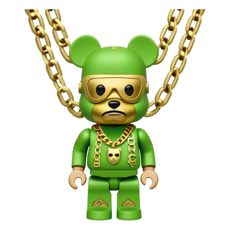 classic bearbrick figure with lime green mask covered in chaotic brand logos, wearing several large gold chains, gold pendant, rapper style accessories, expressive eyebrows sticker