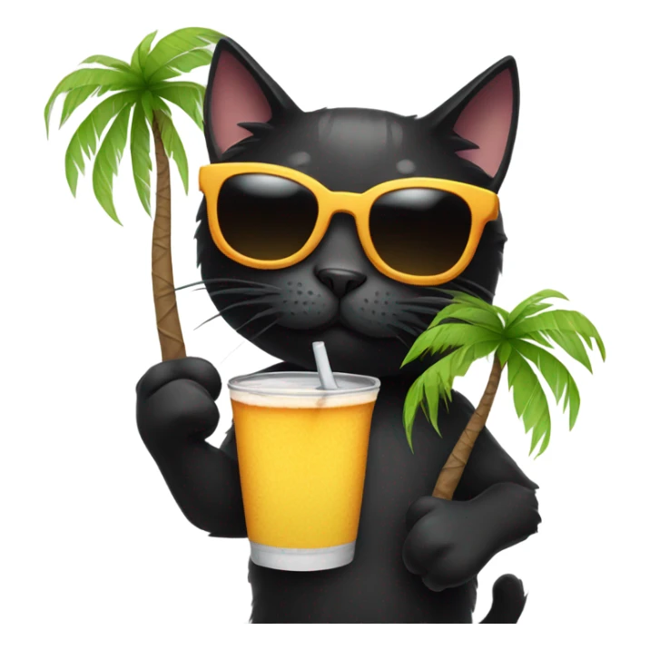 Black cat with sunglasses, drink in hand, and next to a palm tree sticker
