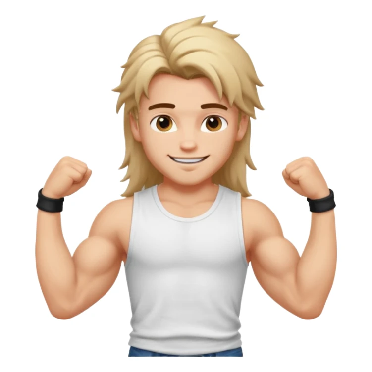 generate a pretty bratz boy with messy long mullet hair, sleeveless white tshirt, big biceps sticker