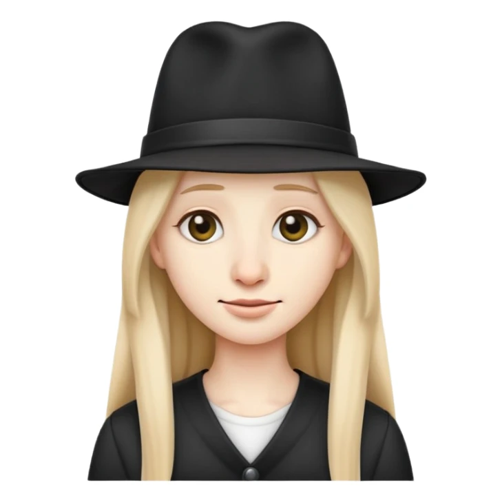 emoji character with long nose bridge, long hair, black hat, neutral facial expression sticker