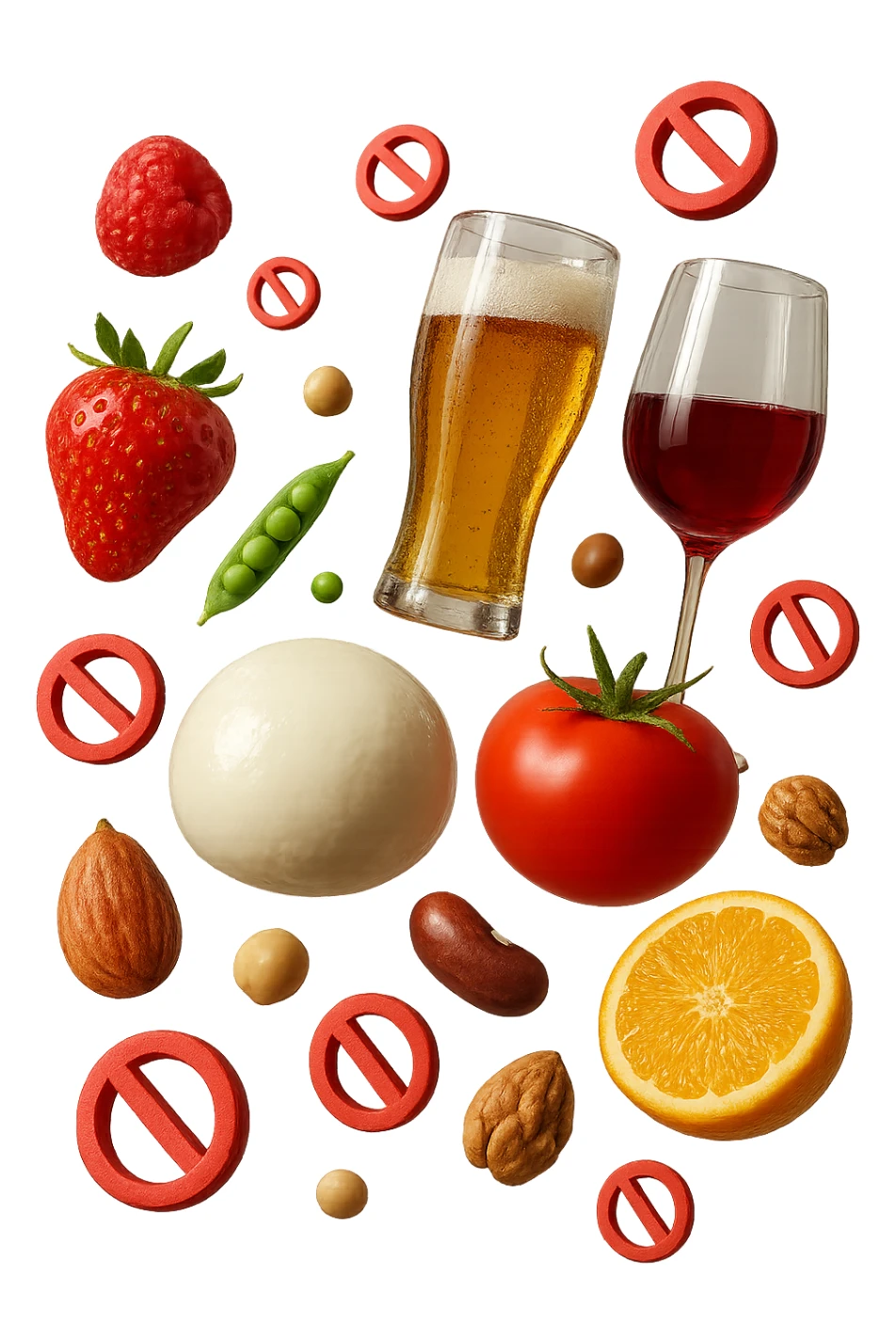 mozzarella, frutta legumi, frutta secca, birra e vino realistici fluttuano in aria con piccoli divieti 3d, IPERREALISTICO 4K sticker