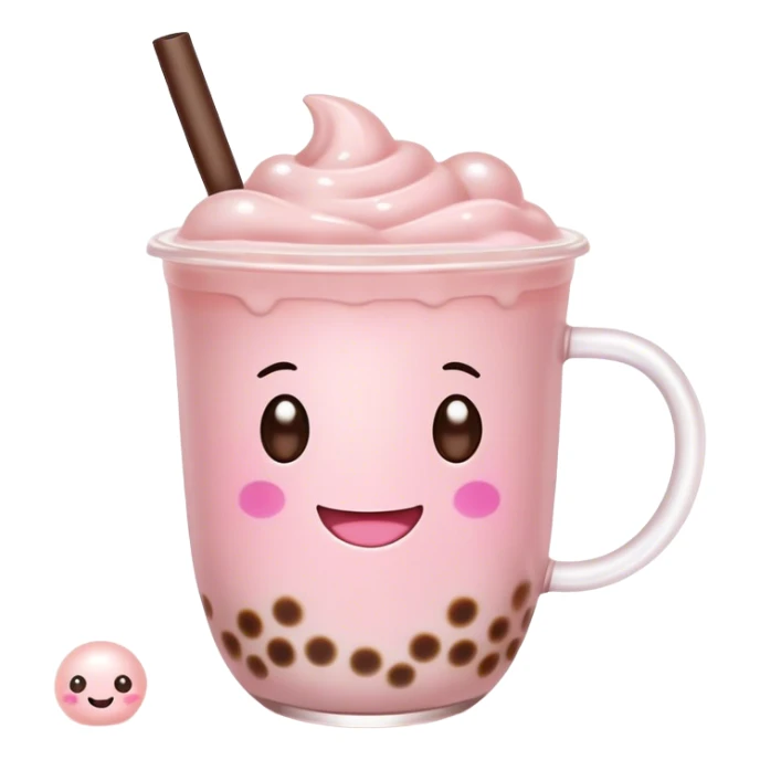 Cute Kawaii Boba Tea Cup, with a happy smiling face, chubby round shape, pastel pink and brown colors, soft glowing highlights, adorable tapioca pearls floating inside, sparkling eyes full of joy! sticker