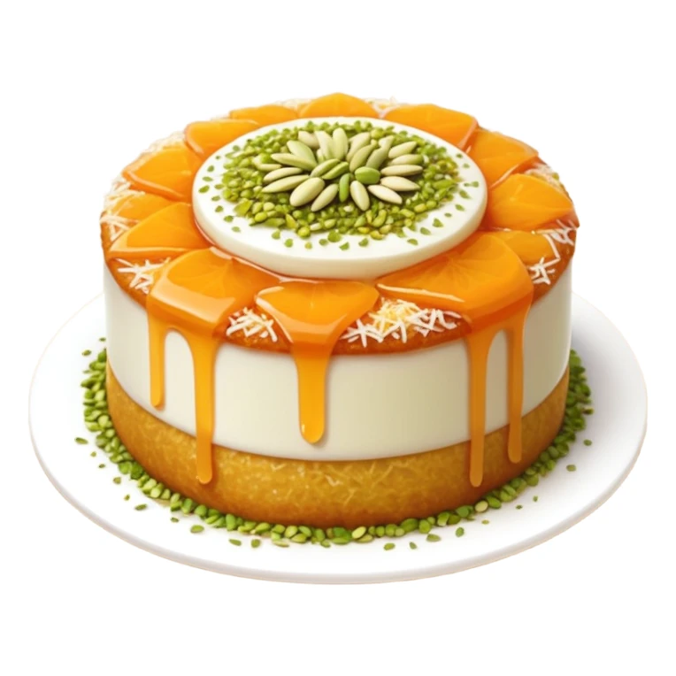 A small round emoji of traditional kanafeh with golden-orange crispy threads, a gooey white cheese center, and a light sprinkle of green pistachios. Warm and delicious-looking. sticker