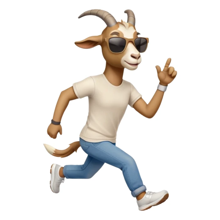 friendly anthropomorphised goat in jeans and a t-shirt, wearing dark sunglasses, jogging upright in relaxed pose sticker