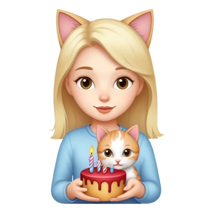 Beautiful girl celebrates birthday with kitten sticker