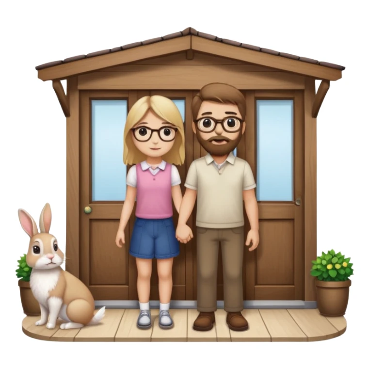 Glasses wearing brown haired bearded man with a blond girl holding a rabbit with a front door behind them sticker