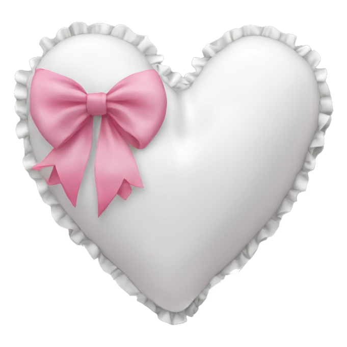 White heart shaped pillow with ruffles and pink bow sticker