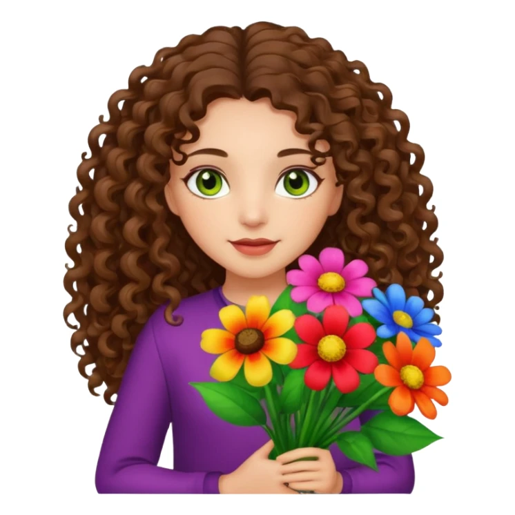 light skinned brunette long curly haired girl with green/hazel eyes holding big bright bunch of flowers. White background. sticker