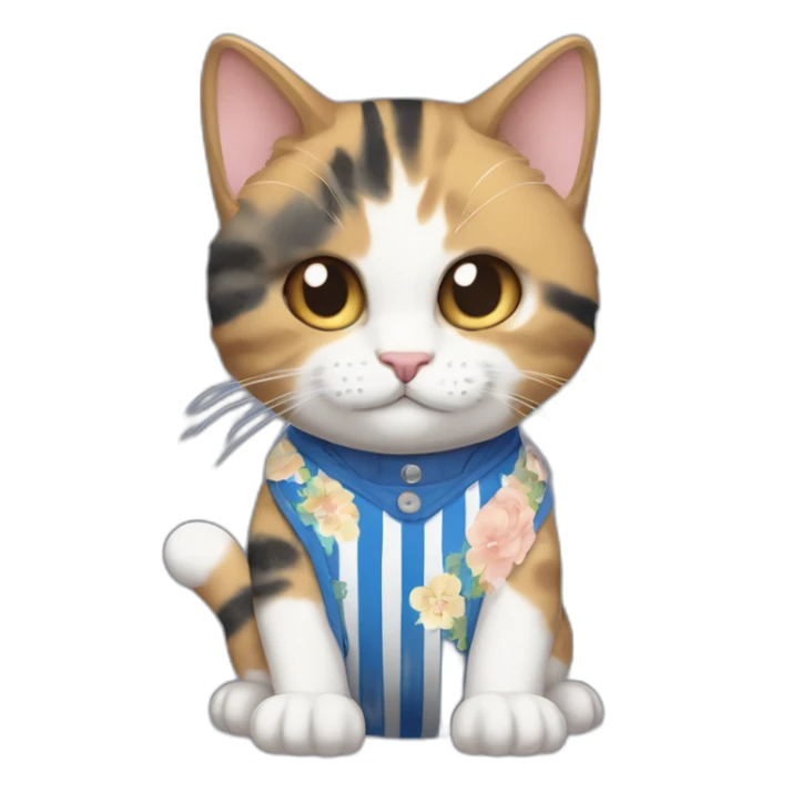 Purradise Meowscles is a buff calico anthropomorphic cat  he has a mullet, a floral designed t shirt that is unbuttoned and blue and white stripped shorts sticker