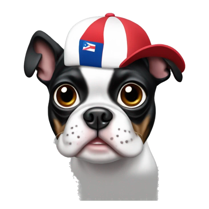 Boston terrier with a Puerto Rico baseball hat sticker