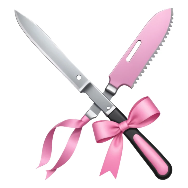 Only one object: a kitchen knife. A pink ribbon bow is tied directly on the knife handle. No other items. No decorations. Minimal emoji style sticker