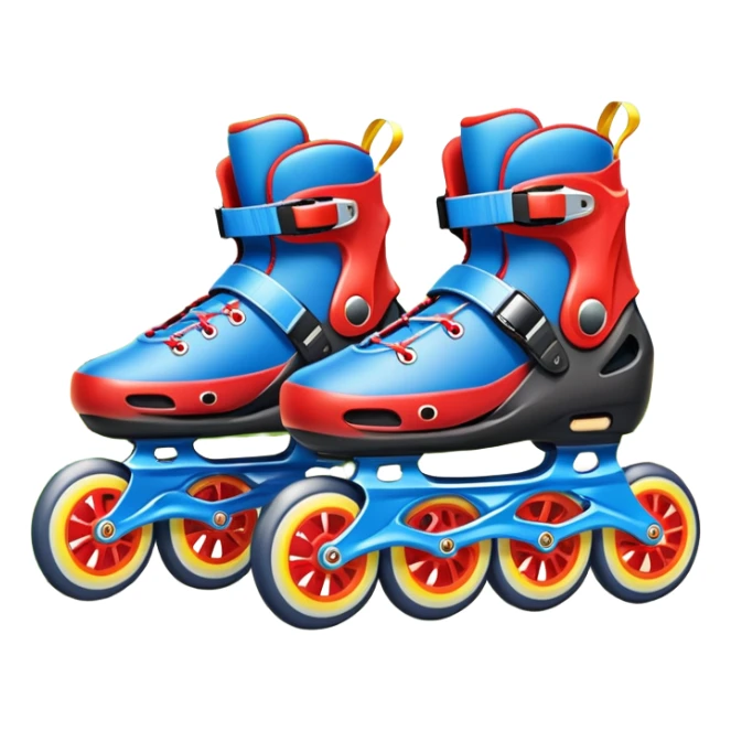 An icon featuring a pair of colorful rollerblades placed on a smooth path. The background showcases a picturesque park with lush greenery, blooming flowers, and a clear blue sky with soft clouds. The bright sunlight adds a cheerful touch to the scene. Transparent background sticker