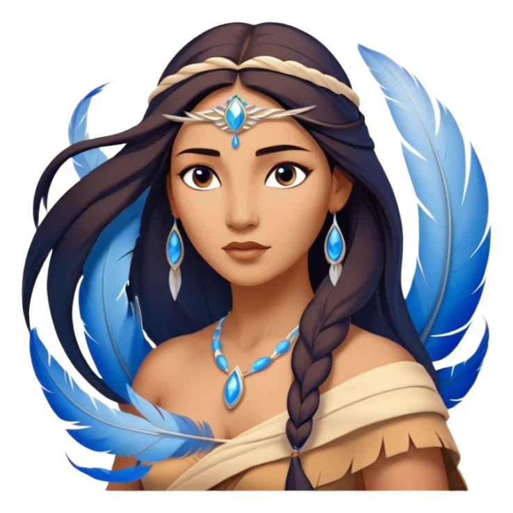 Cinematic Elegant Pocahontas Portrait Emoji, Standing serenely with a blue wind swirl around her, soft feathers in her hair, a tranquil yet powerful gaze, beauty beyond time, an ethereal aura of connection with nature, regal and enchanting! sticker