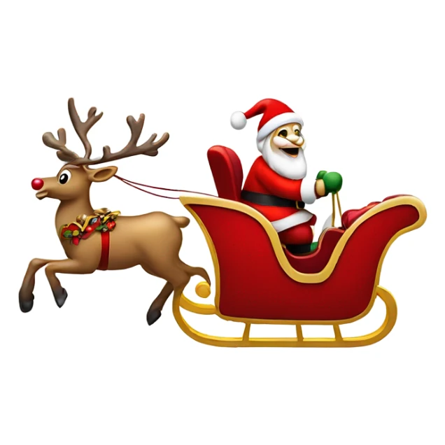 Santa Claus riding his red and gold sleigh which is being pulled by a reindeer with a red nose sticker