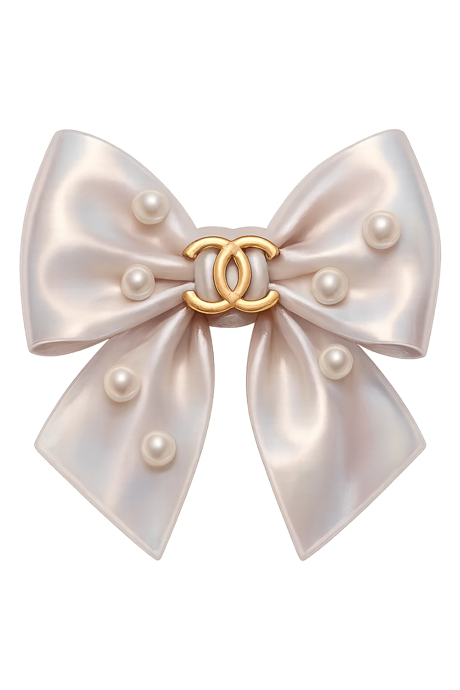 Remove the background, keep only the elegant bow with pearls and gold Chanel logo, glossy, pastel colors, realistic style, with no background. sticker