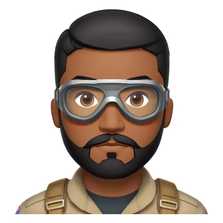 sam wilson with  short, neatly cropped black hair and a well-groomed beard that connects to his mustache,  wear sleek, red-tinted tactical goggles fit snugly from captain america: civil war sticker