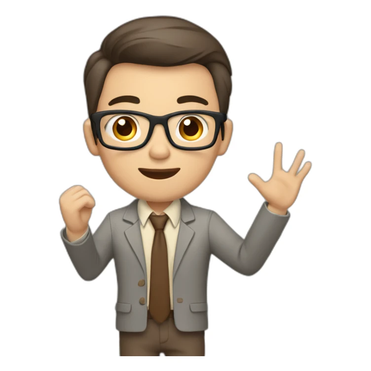 To belt Actively gesturing with hands Pale skinned fit man teacher with dark brown hair in gray jacket, beige office shirt, brown tie, brown pants and vintage glasses. sticker