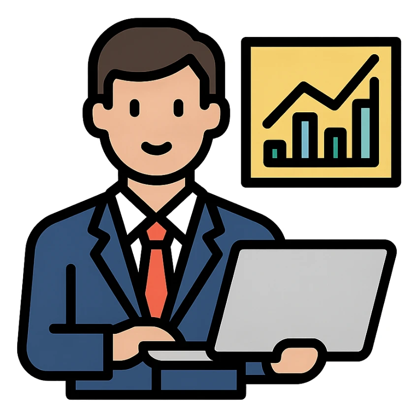 a trader character, modern business attire, holding a laptop, in a professional setting sticker