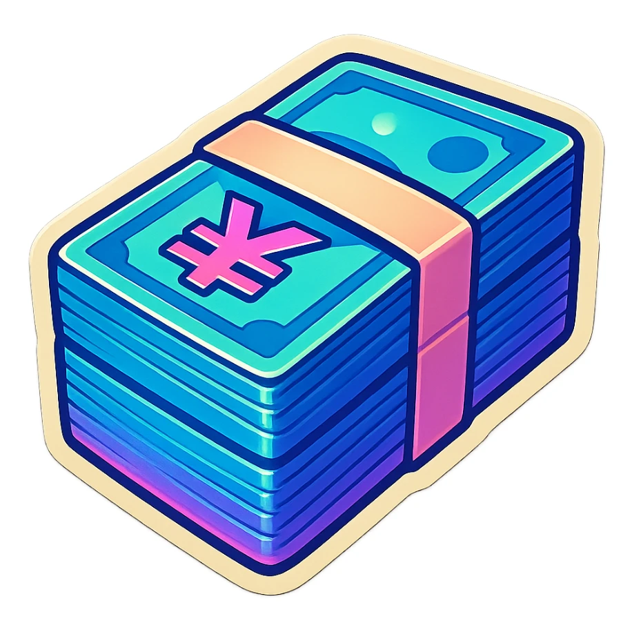 a massive bound stack of blue-and-white banknotes, koan bills , 90s futuristic sticker