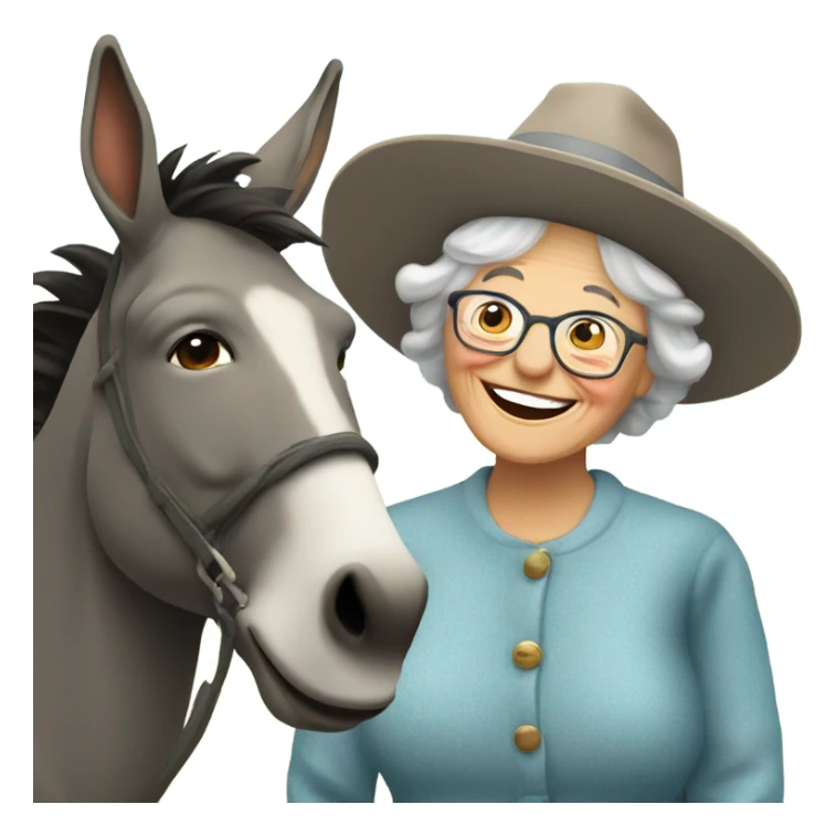 smiling grandma with hat outdoors with a donkey sticker
