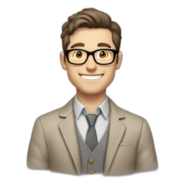 Joyful Pale skinned Fit Man With dark brown hair in gray jacket, beige office shirt, Brown pants and vintage glasses. His thrumbs up sticker