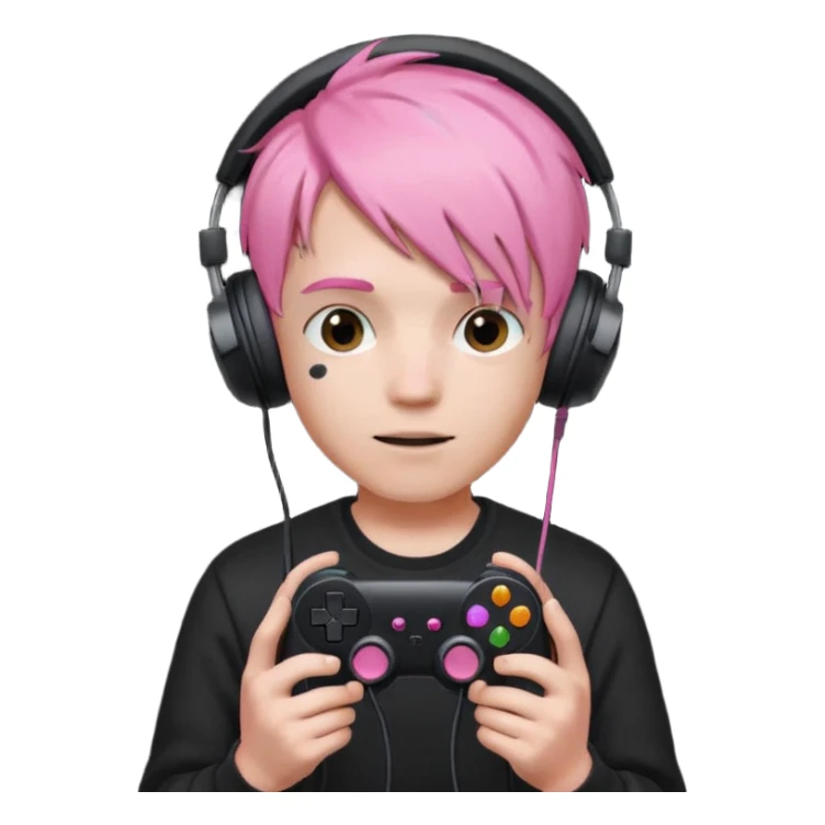 pink haired boy with headphones holding all black game controller sticker