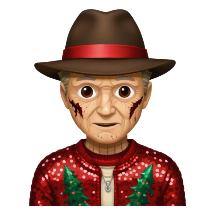 Freddy Krueger with tan burned skin, red sequin sweater, dark brown sequin jacket and hat sticker
