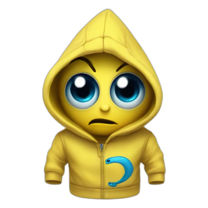 banana dominus hoodie, yellow with blue scary eyes sticker