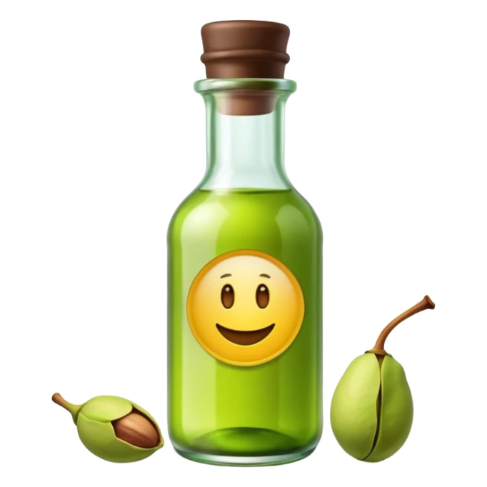 small bottle with translucent green pistachio essence, glass, narrow neck, simple label, dark cap, liquid vivid and slightly viscous, soft lighting, emoji scale sticker