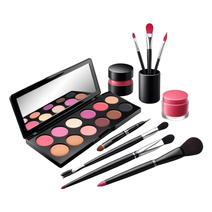 icon featuring professional makeup brushes, a high-quality lipstick, a sleek eyeshadow palette, a makeup sponge and a set of tools like tweezers and eyeliner pencil. The design highlights the precision and artistry of makeup with detailed textures and realistic lighting. Transparent background. sticker
