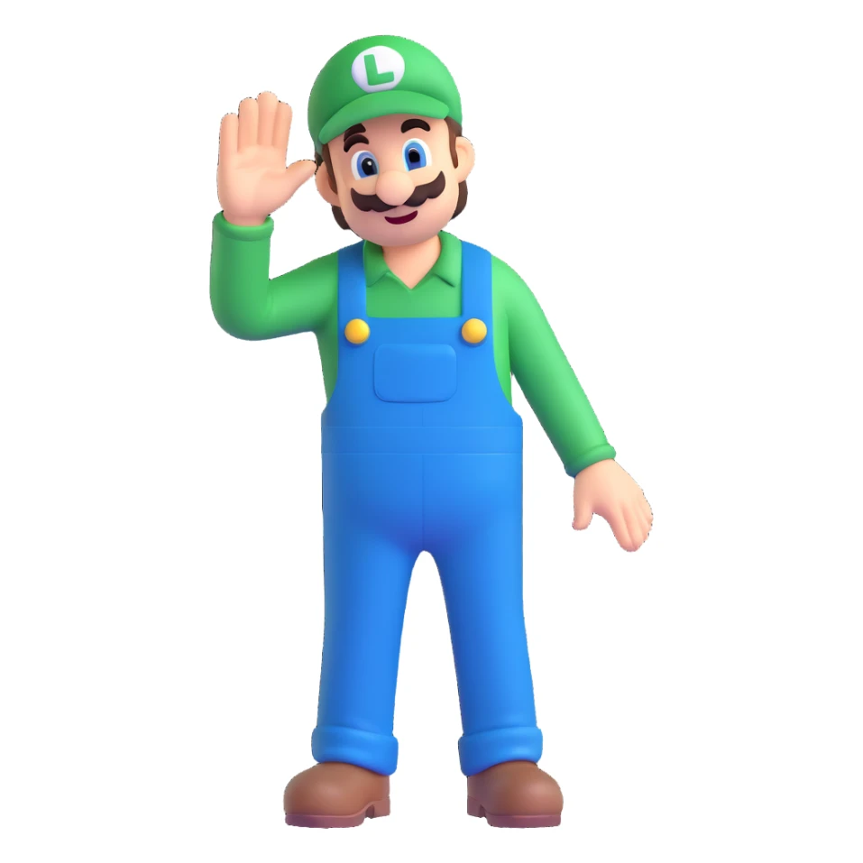 full body Luigi from Mario, classic green hat and blue overalls, waving pose, 3D emoji style sticker