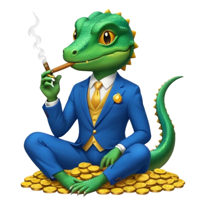 lizard in a blue suit, looking cunning, holding a cigar, sitting on a heap of gold coins, apple emoji style, no text sticker