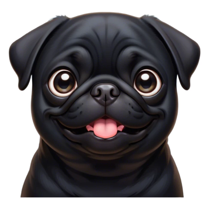 Cinematic Comical Black Pug Portrait Emoji, Head tilted dramatically with an exaggeratedly amused expression, featuring a sleek black coat with a glossy finish, wide, expressive dark eyes filled with playful disbelief, Simplified yet hilariously expressive features, highly detailed, glowing with a slightly sassy glow, high shine, dramatic yet playful, stylized with an air of cheeky mischief, bright and endearing, soft glowing outline, capturing the essence of a spirited and over-the-top companion, so meme-worthy it feels like it could side-eye its way into internet fame instantly! sticker
