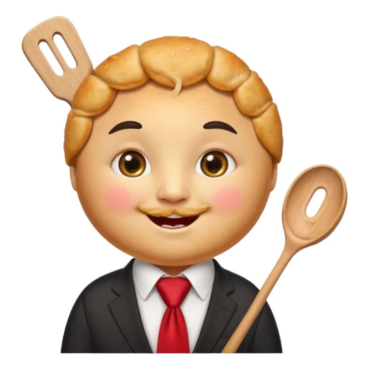emoji style, happy fried empanada with face, big sparkling eyes, blushing cheeks, two buck teeth, red necktie, holding spatula, thick black outline, golden brown color, very cute and wholesome, transparent background sticker