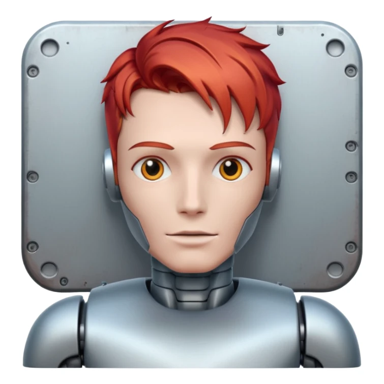 male robot with vibrant hair color and metalic face sticker