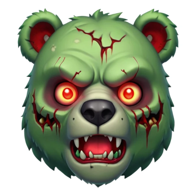 zombie bear portrait, head and shoulders only, cracked skin, stitched scars, glowing red-green eyes, powerful undead beast vibe, 3D cartoon, mobile game icon style, clean background, no text, no watermark
 sticker