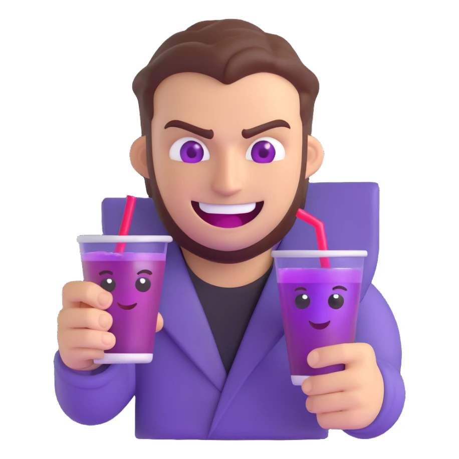 sharp, slanted angry eyes and a wide devious grin, holding a double cup of purple drank, 3D emoji style sticker
