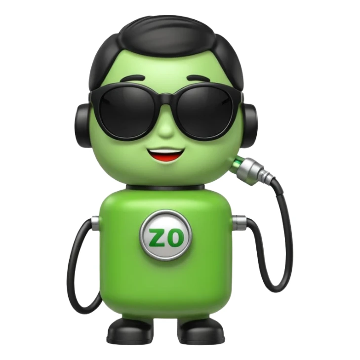 A cute 3D icon of a green gas pump character wearing oversized black sunglasses. Round and chubby proportions, glossy toy-like texture, soft pastel lighting, friendly expression, smooth edges, high-quality render, isolated on a transparent background. sticker