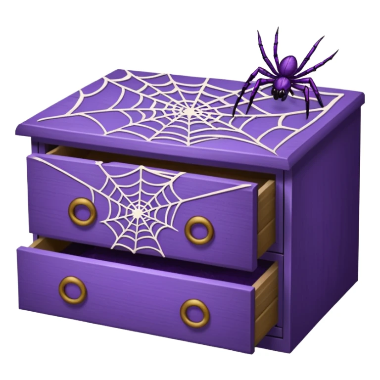 purple spider webs on an open drawer with dusted stuff sticker
