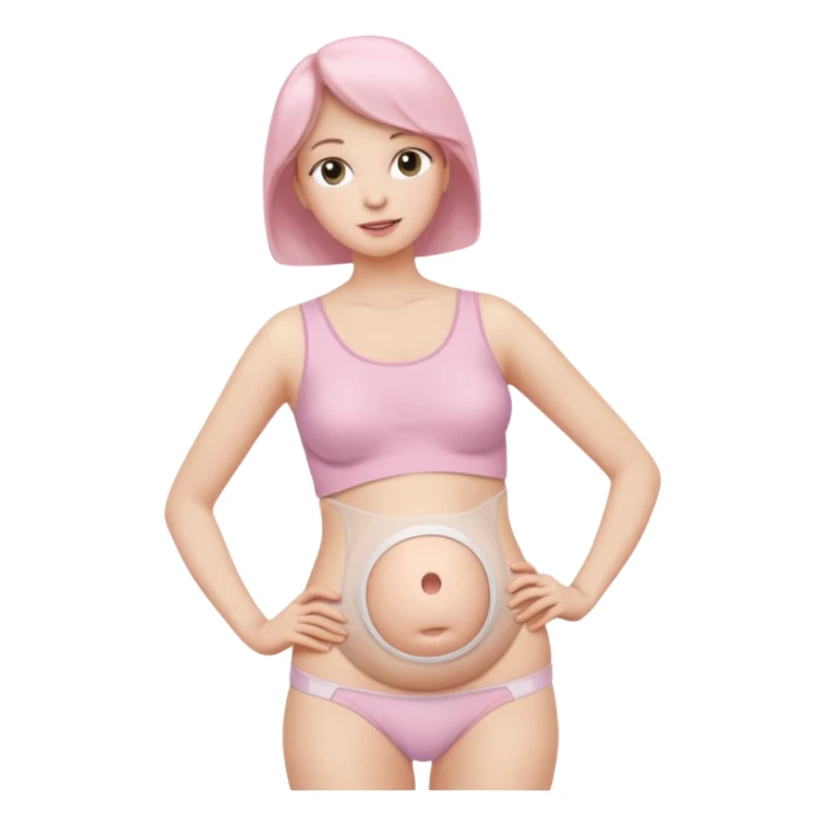  a woman, mid 60, focus on belly, wearing an ostomy bag sticker