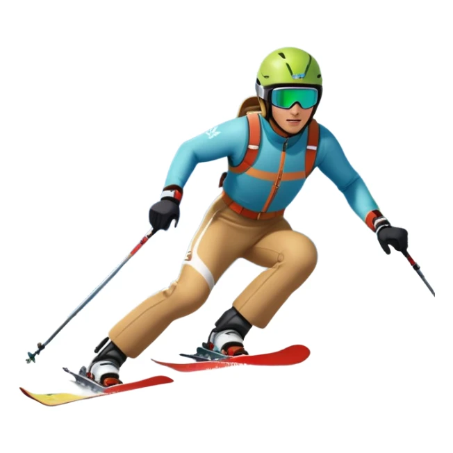 An icon featuring a skier racing down a snow-covered slope, surrounded by snowy peaks, pine trees, and a picturesque mountain landscape. The sky is blue with soft clouds, capturing the thrill and beauty of alpine skiing. Transparent background highlights the excitement and serenity of winter sports. sticker