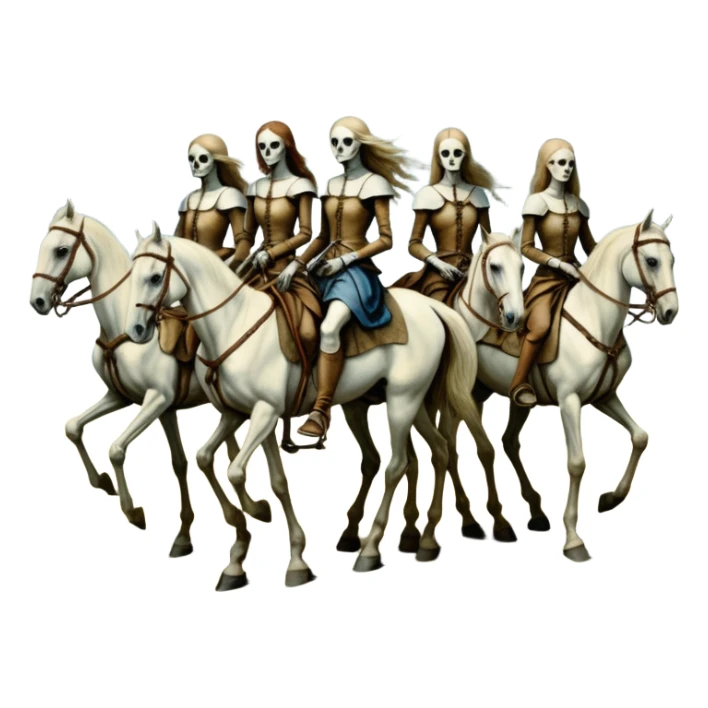 cinematic - aesthetic brilliant divine lighting, oil paint - ivory Four thin women as riders of the Apocalypse, after a graphic by Albrecht Dürer in a desolate landscape on horse skeletons sticker